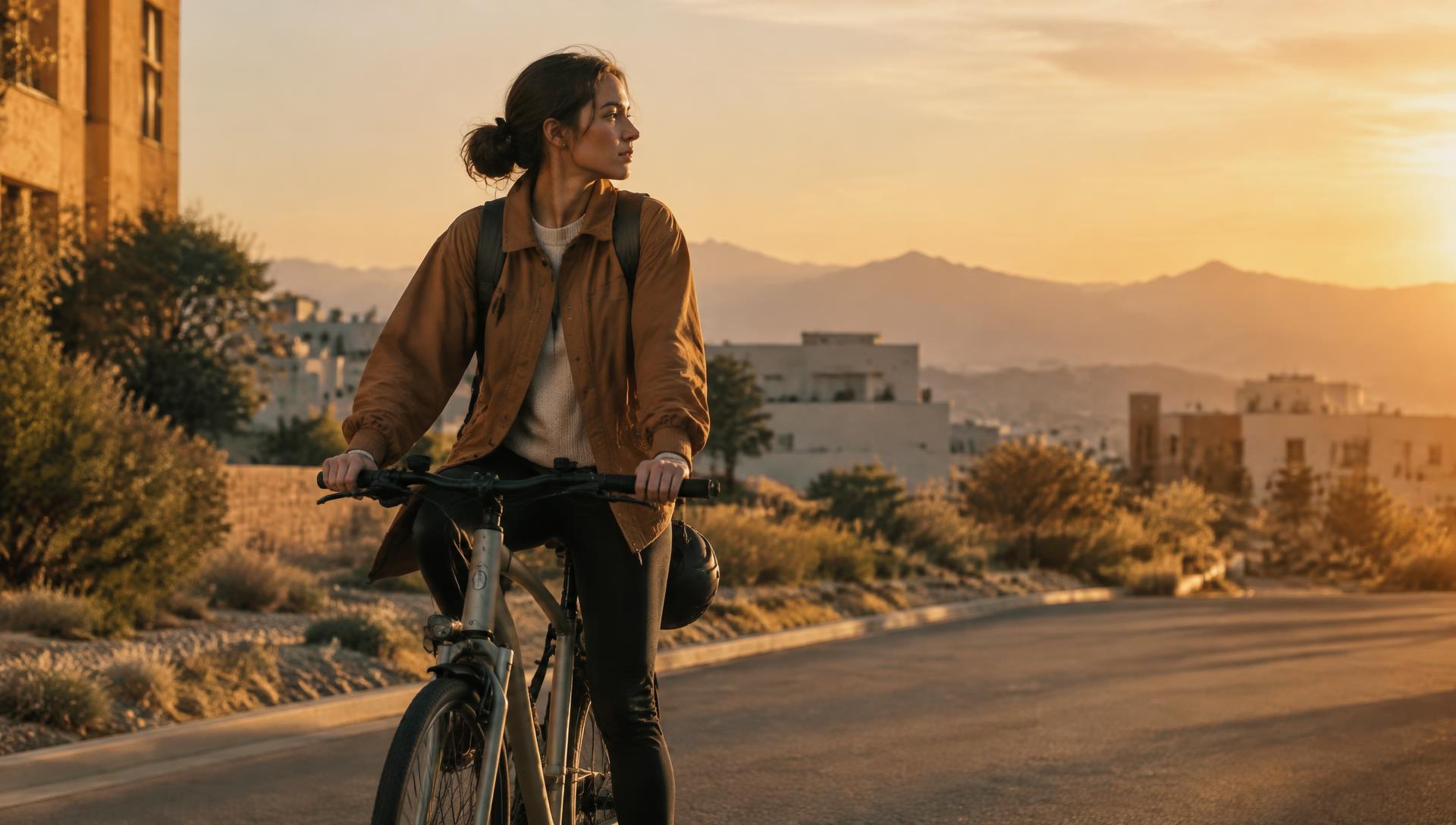 Cyclist pausing on a city street at golden hour with mountains in the distance