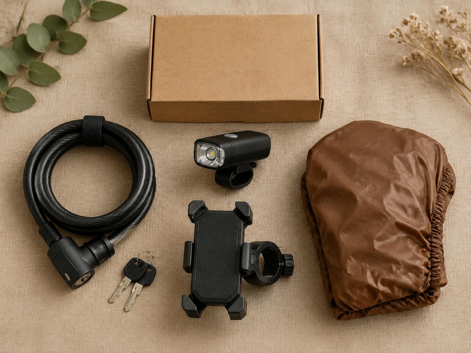 Flat lay of the City Ride Kit: lock with keys, riding light, phone mount and folded saddle cover