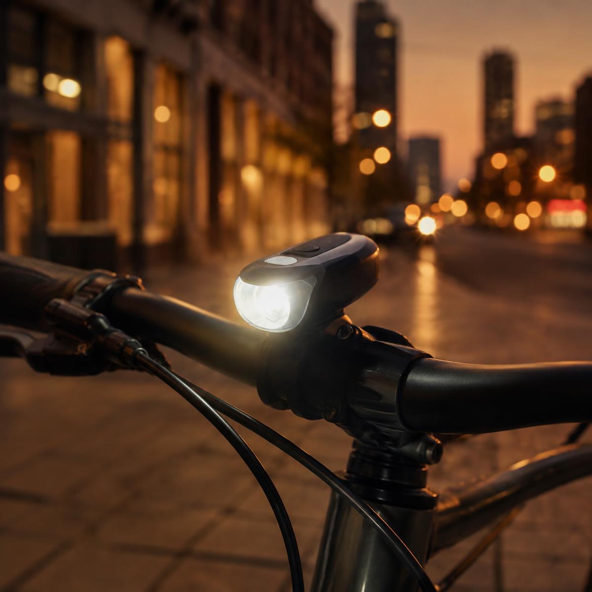 Compact bicycle light glowing on a handlebar on a city street at dusk