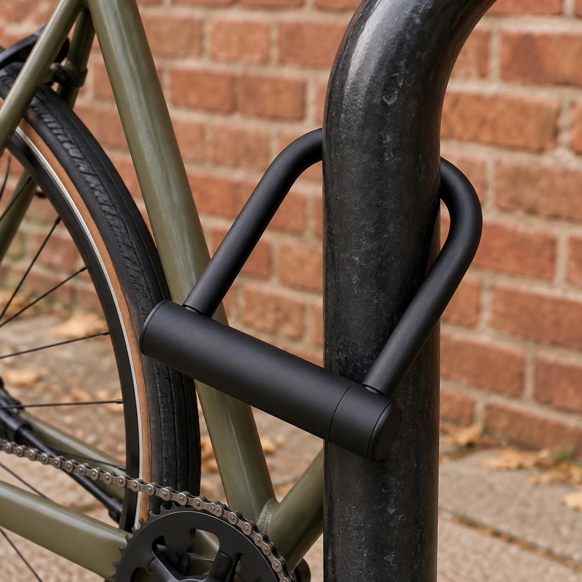 Black bicycle lock securing a bicycle frame to a city bike rack