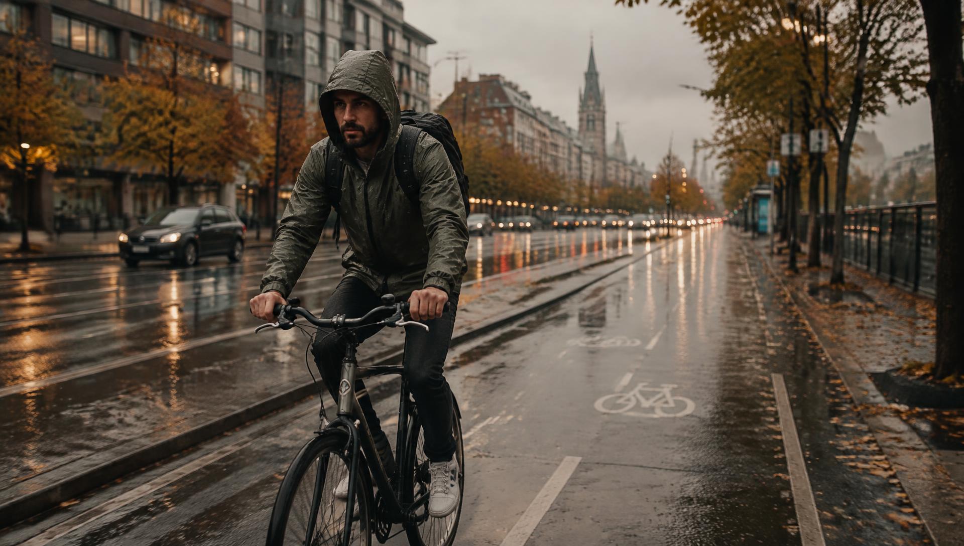 Cyclist in a rain jacket riding a wet city bike lane