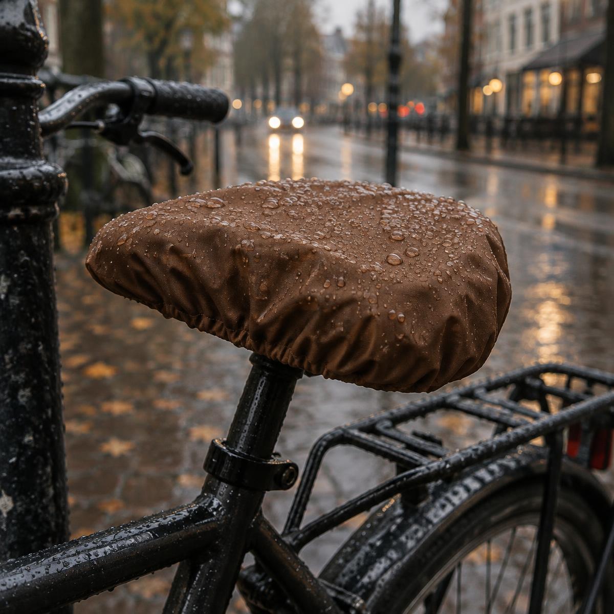 Brown waterproof cover with raindrops on a parked bicycle saddle