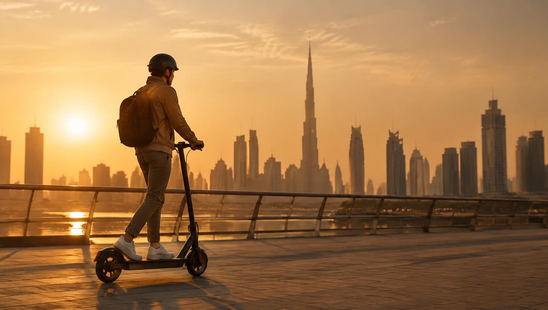 Scooter rider with helmet and backpack crossing a city promenade at sunrise